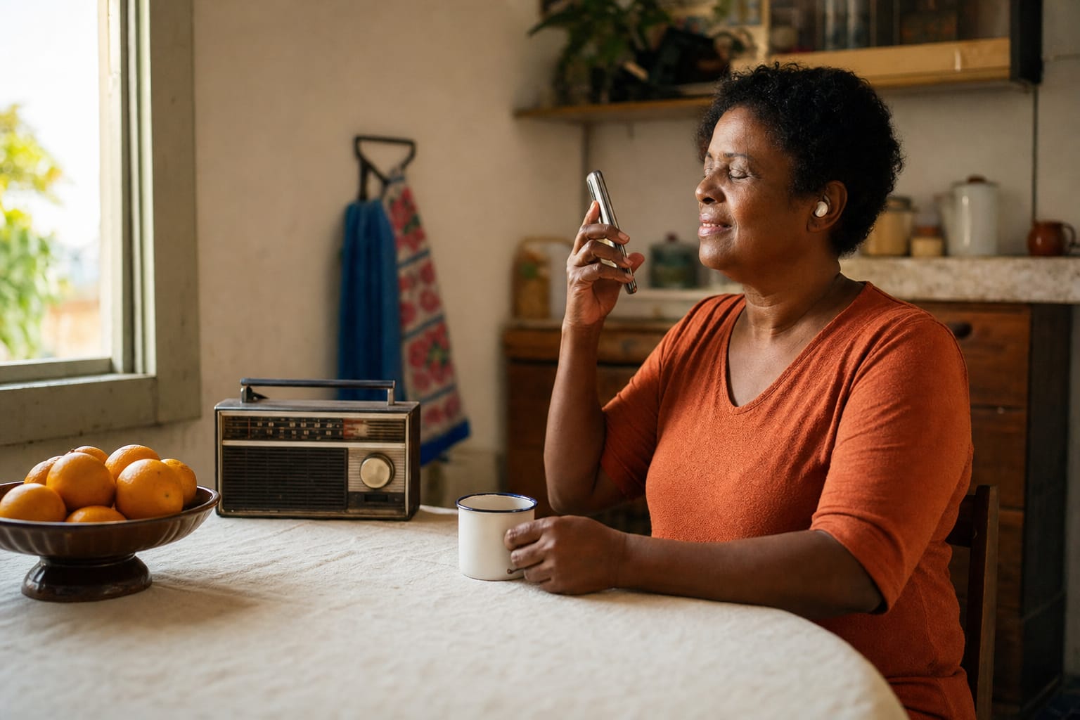 Uma mulher negra de uns 50 anos está sentada à mesa da cozinha, de fim de tarde, com luz quente entrando pela janela. Ela sorri de canto enquanto segura o celular perto do rosto e ouve com um fone sem fio no ouvido direito. Sobre a mesa há uma fruteira com laranjas, um rádio antigo e uma caneca esmaltada.